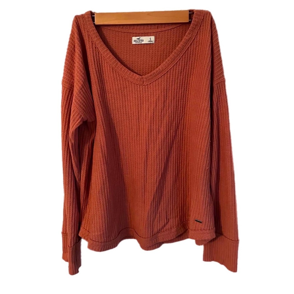 Hollister Waffle Knit Top Womens Small peach Excellent V-Neck Long Sleeve